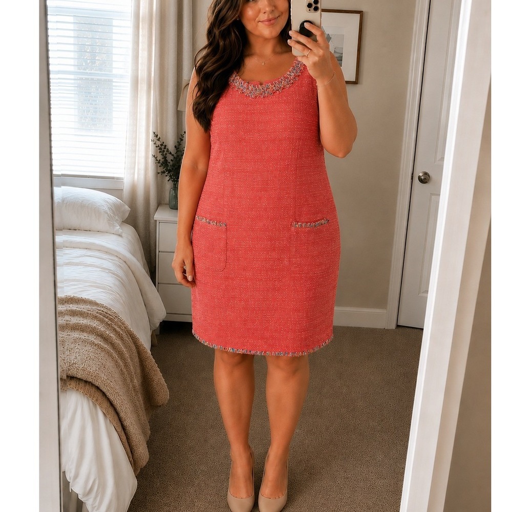 Talbots‎ Womens Sheath Dress 20WP Orange Tweed Fringe Sleeveless Classic Career
